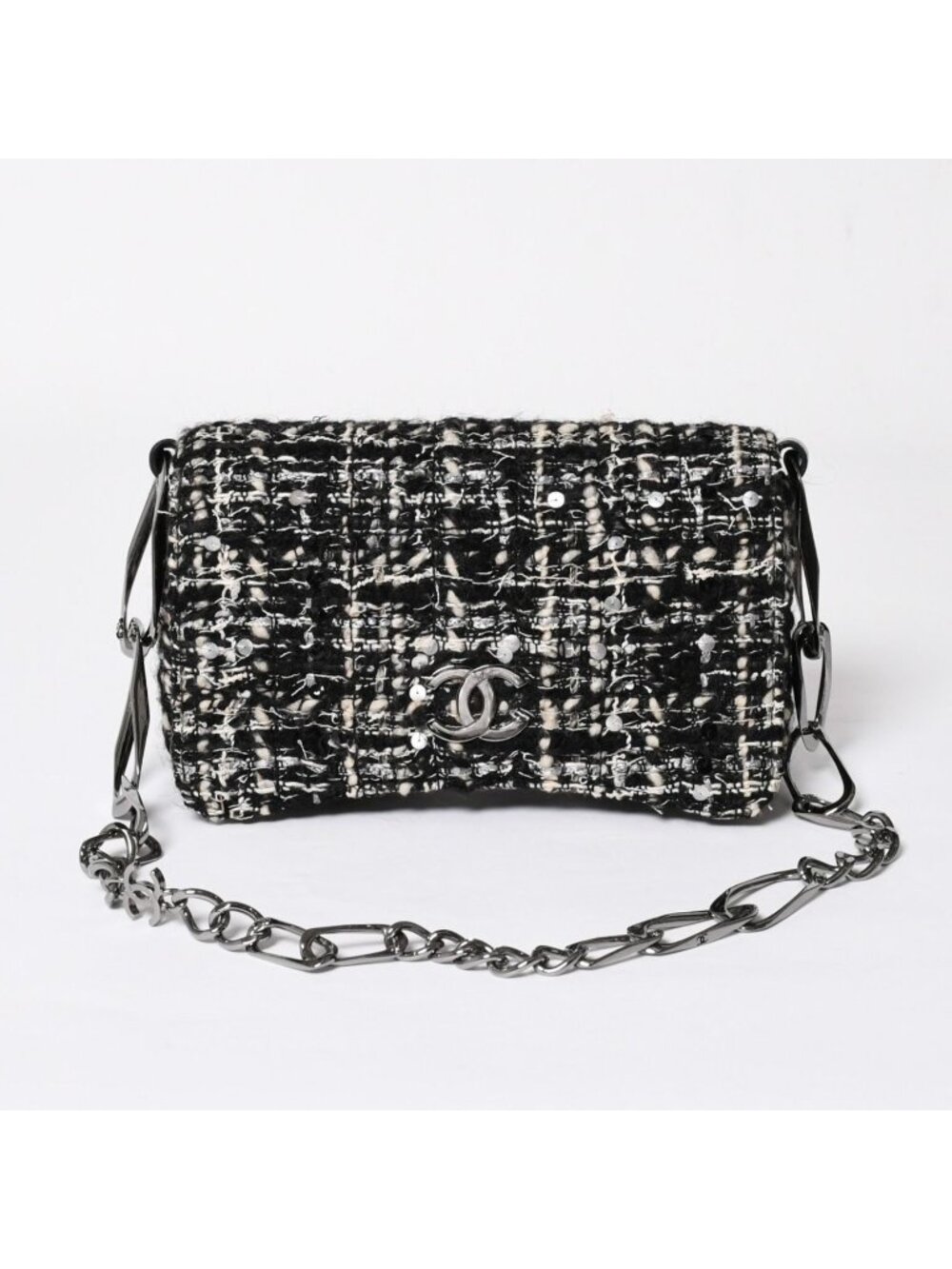 Chanel Bag CC Logo Tweed Spandex Black White Silver